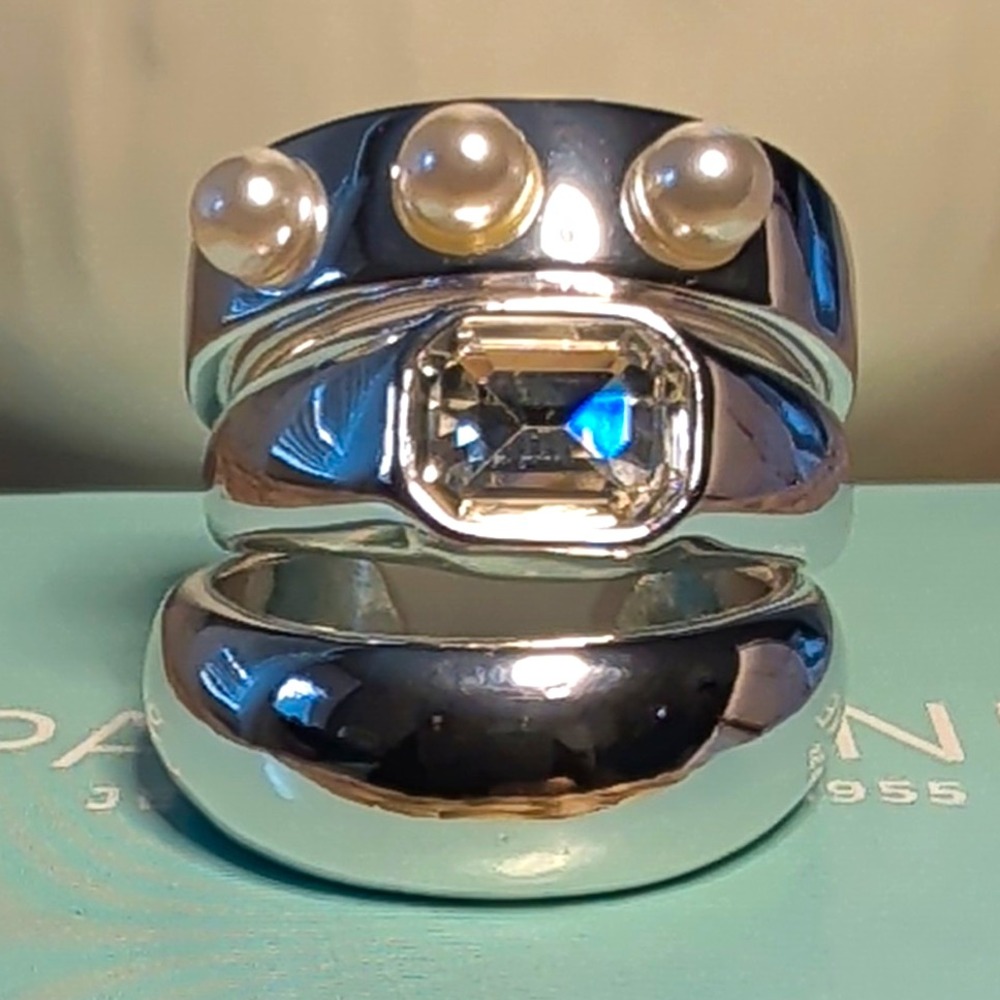 Park Lane Wide Bands Ring Size 8 Silver Tone Crystal Imitation Pearl Set of 3